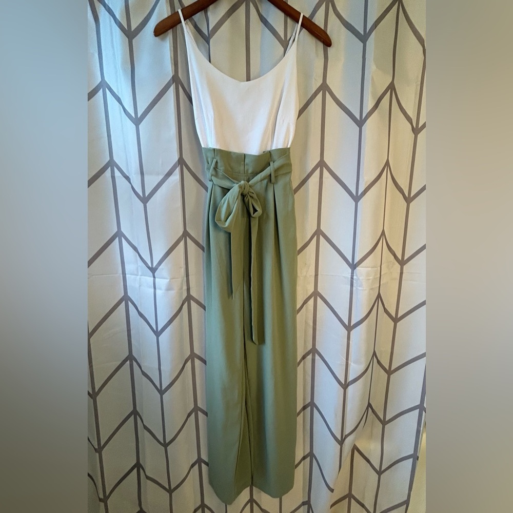 Altar'd State Cream Bodice Sage Green High-Waist Jumpsuit with Tie